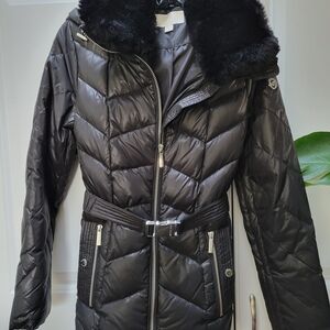 Michael Kors Black Quilted Puffer Coat with Detachable Faux Fur Collar